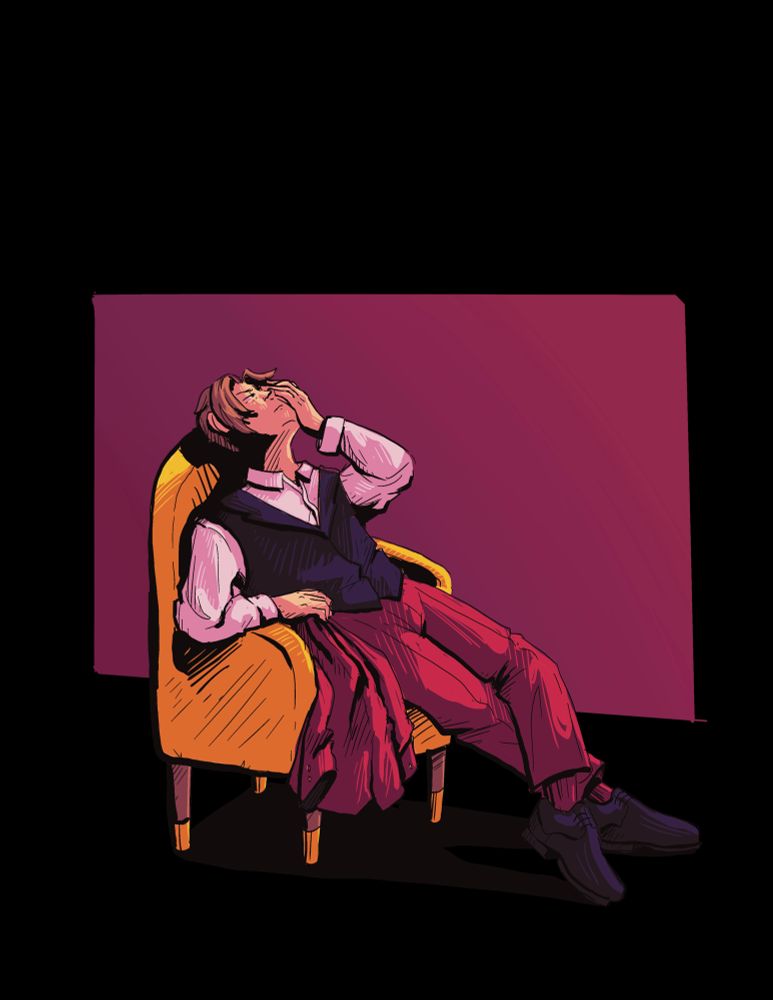 Drawing of Miles Edgeworth from Ace Attorney Investigations sitting back in a chair with his legs extended. Coat and cravat are off and he looks exhausted.