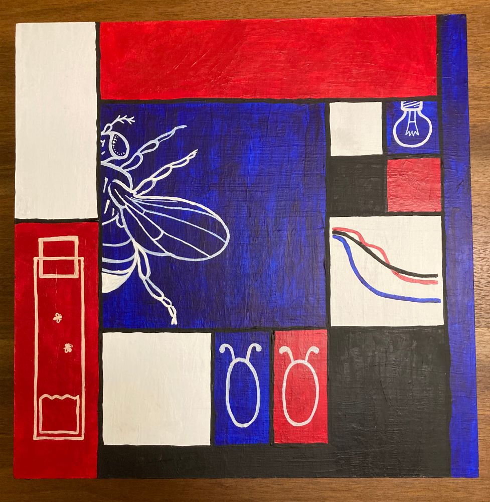 Mondrian inspired painting consisting of blue, red, white and black rectangles and squares. Silhouettes of fruit flies, vials and eggs are painted over some of the coloured shapes