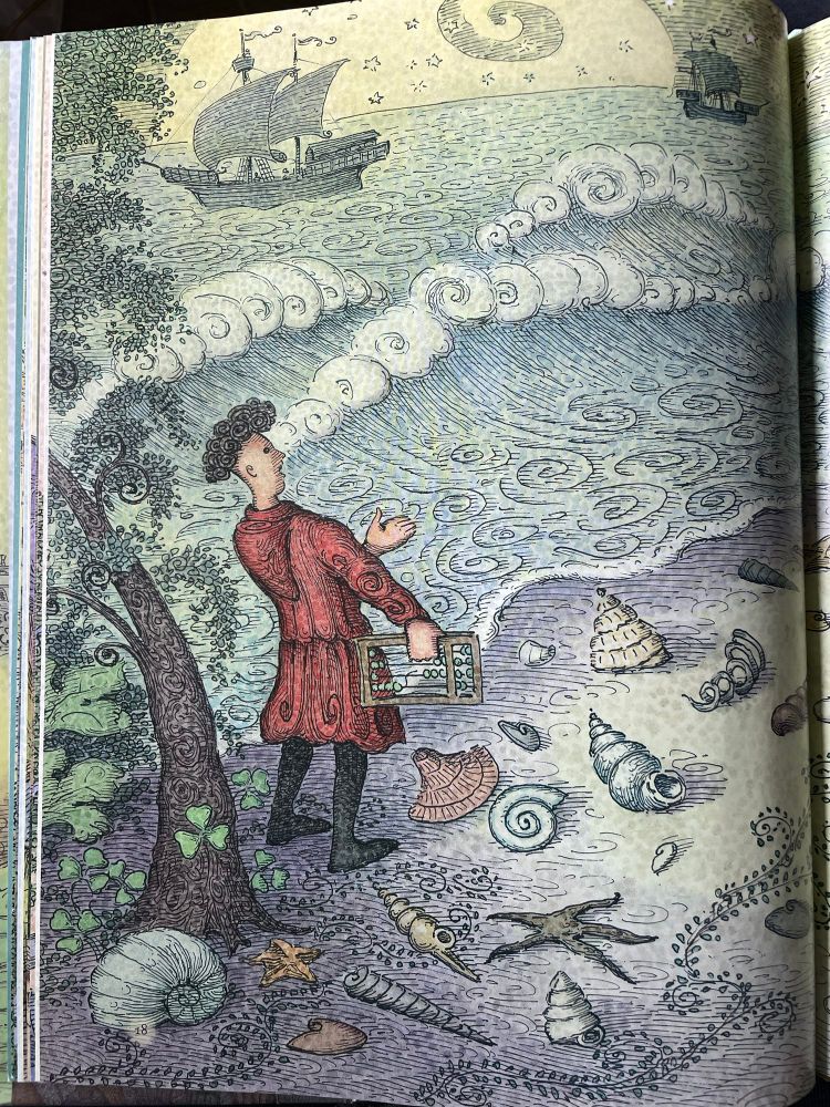 A page from 'The Life of Fibonacci' by Joseph D'Agnese depicting a young cartoon man wearing a red tunic with dark curly hair and holding an abacus, standing on a beach near a tree and surrounded by seashells and starfish