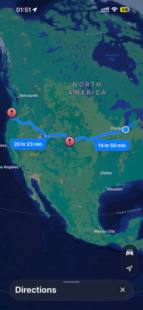 A map of the lower 48 showing a starting point in Chicago, a stop in Denver l, and my final destination in Oregon 