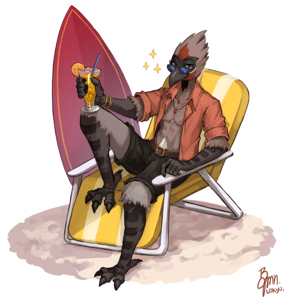 Anthropomorphic bohemian waxwing sitting in a beach chair with a drink. 