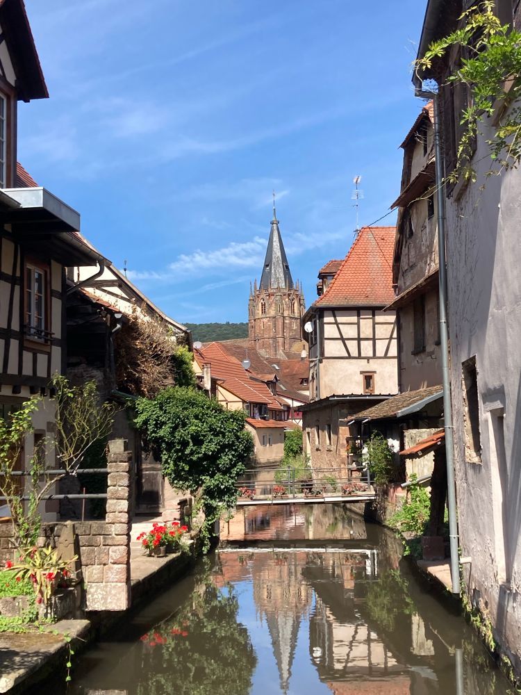 Die Lauter fließt durch Weissenburg . Hier umringt von Häusern und Terrassen mit Blumen.