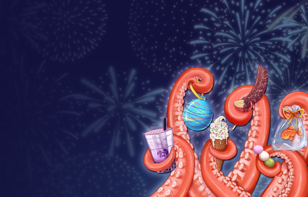 Tentacles holding matsuri treats and prizes against a firework background.