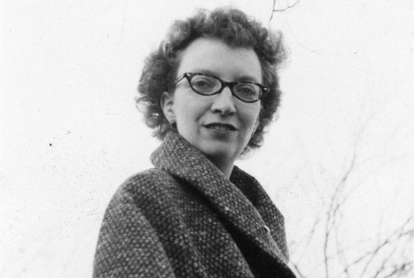 Black and white photo of a short-haired, bespectacled L'Engle in the latter 1950s.
