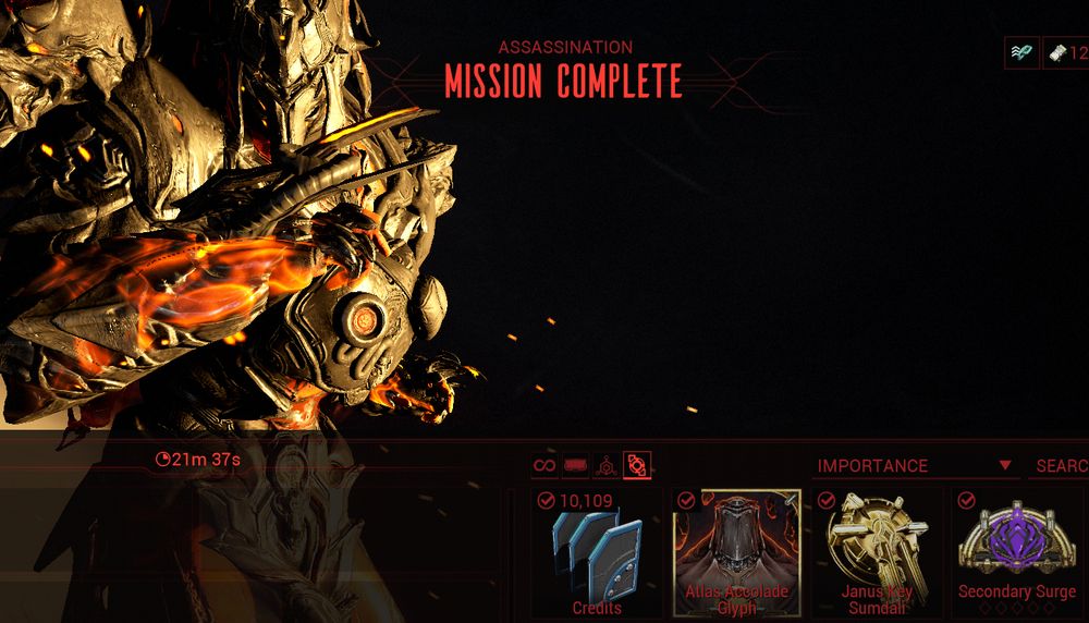 WARFRAME Screenshot - Cropped
End Results Screen following the defeat of Captain Vor, within his special Janus Variant. Loot is organized to show Miscellaneous, showcasing a batch of 10,109 Credits, the Atlas Accolade Glyph, the Janus Key Sumdali, and one Secondary Surge.