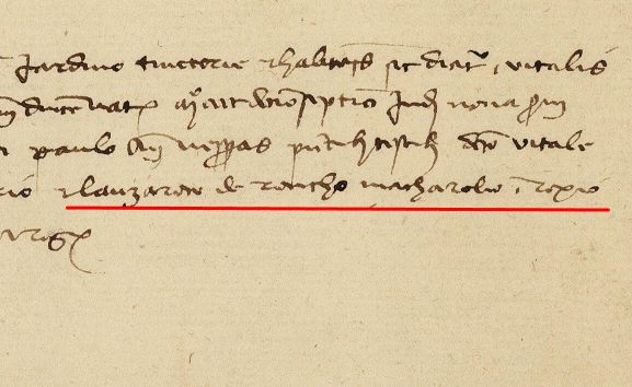 An image from a fifteenth-century notarial contract, noting the witness of the cloth weaver named Lanzarotto de Recco.