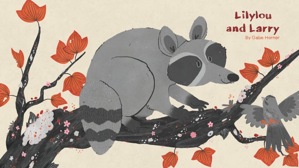 An illustration of a happy raccoon and an angry sparrow interacting on a branch, surrounded by autumn foliage.