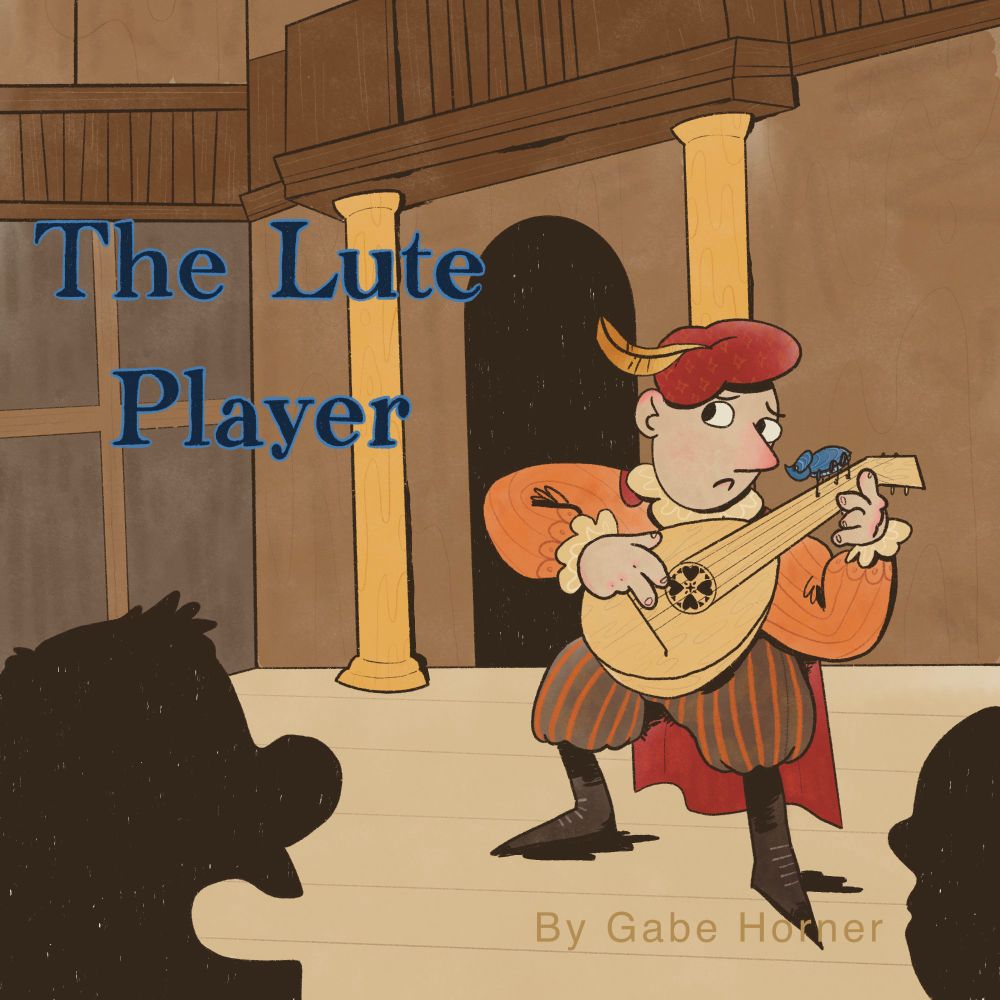 A man in medieval clothing on a stage with a lute, whispering to Beetle on the Lute. Book title The Lute Player.
