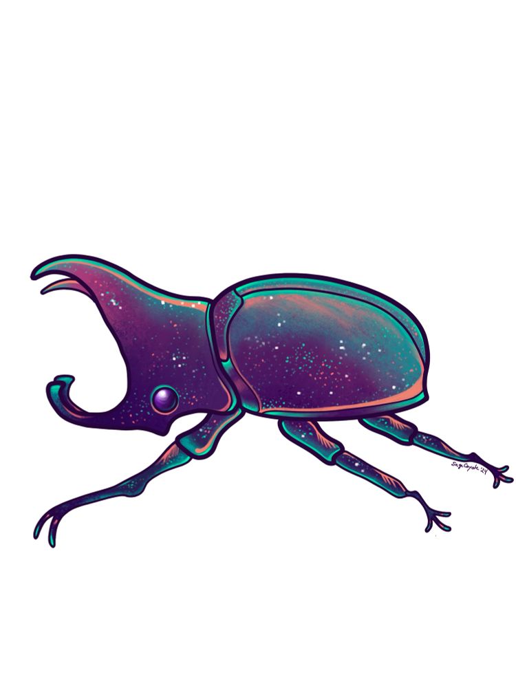 A rino beetle faces to the left. Its coloring is that of a galaxy with salmon hi lights. 