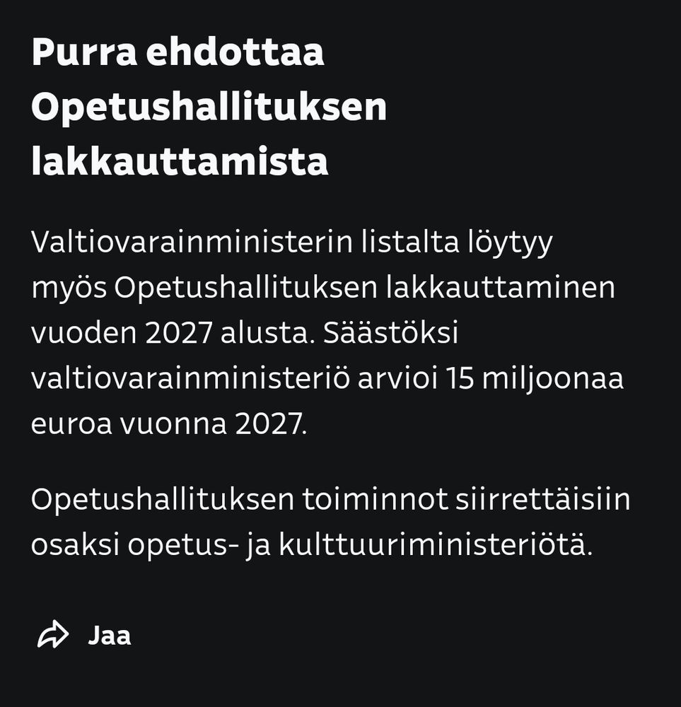 Purra ehdottaa opetushallituksen lakkauttamista