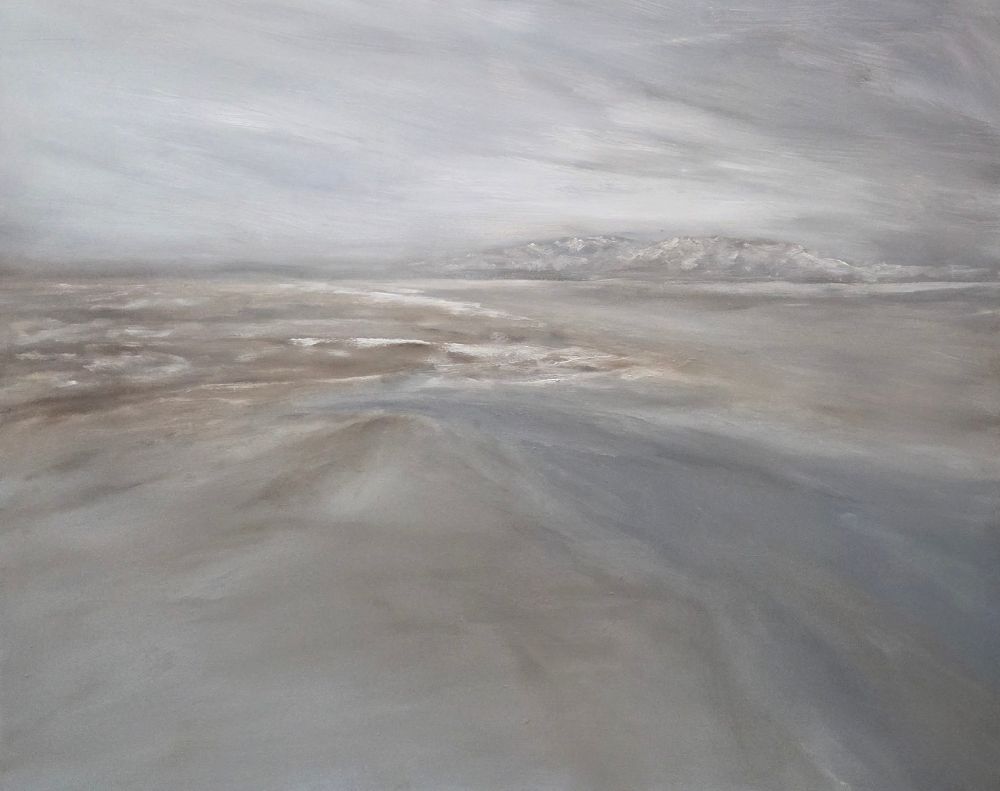 Oil painting of broad, flat expanse of shallow water under a pale an overcast sky. The painting uses soft greys, taupes, and light blues, with a mountain in the distance.