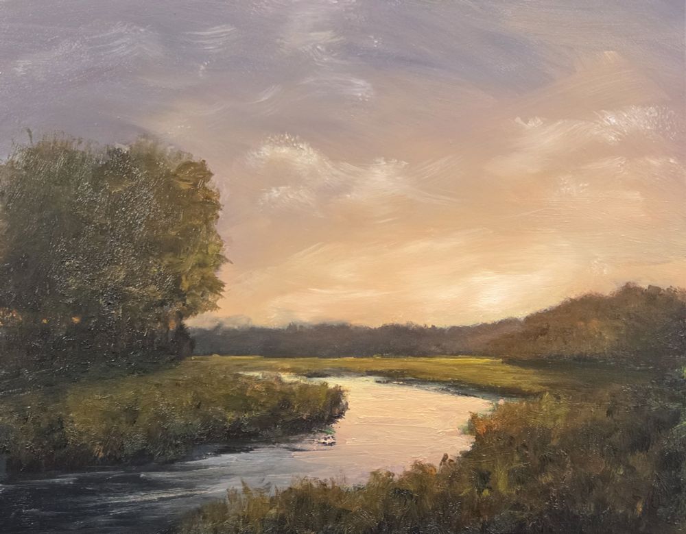 Oil painting of a sunset over a river and trees. Large trees on the left