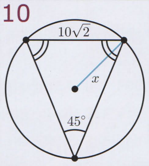 An isosceles triangle is shown with the angle between the equal sides as 45 degrees and the length of the third side 10 times Square root of 2. What is the diameter of the circumcircle of this triangle?