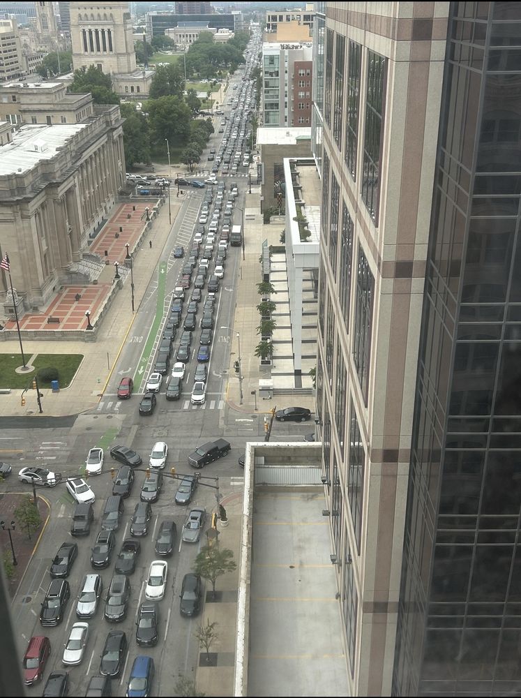 Multiple blocks of gridlock traffic in downtown Indianapolis 
