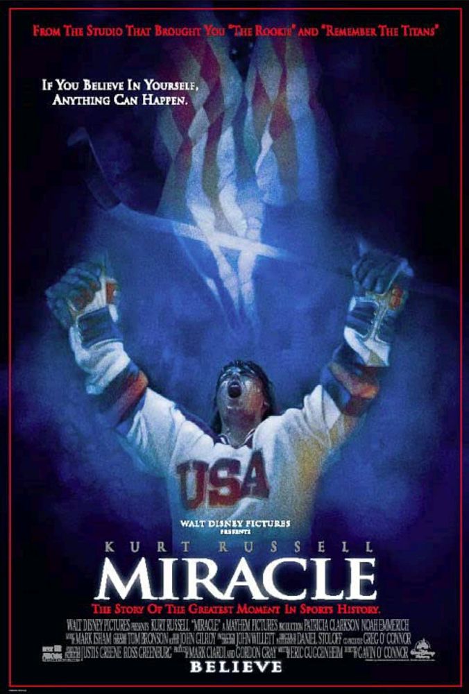 Poster art for the film Miracle, about USA mens hockey in the 1980 Olympic games.