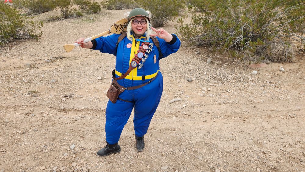 Me as my Sole Survivor, Cherry Bomb, out to sell chems in the wasteland.