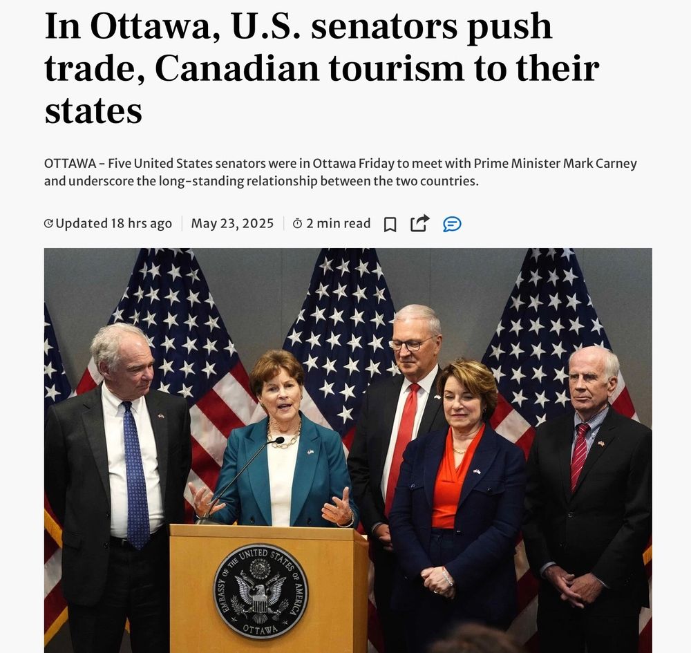 Screenshot of news article.
Headline text: In Ottawa, U.S. senators push trade, Canadian tourism to their states
Subtitle text: OTTAWA - Five United States senators were in Ottawa Friday to meet with Prime Minister Mark Carney and underscore the long-standing relationship between the two countries.
Photo of US senators 