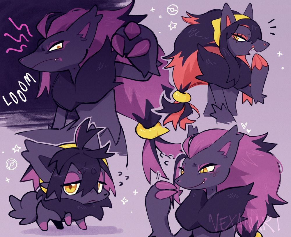 doodles showcase pokemon trainers Kieran and Carmine drawn as zorua and zoroark
