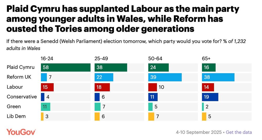 Plaid Cymru has supplanted Labour as the main party among younger adults in Wales, while Reform has ousted the Tories among older generations