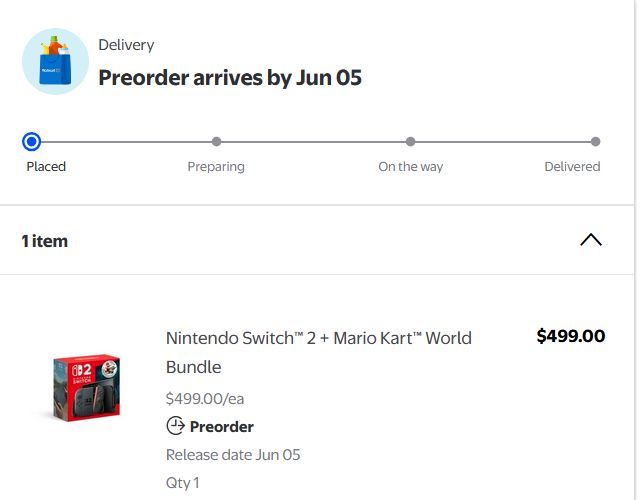 A Walmart.com preorder confirmation for a Nintendo Switch 2 + Mario Kart World bundle.