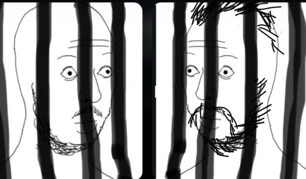 An altered, infamous sketch of Andrew tate (sorry, don’t know who to credit) w it’s reverse image turned into Tristan, showing them both wide eyed behind bars 