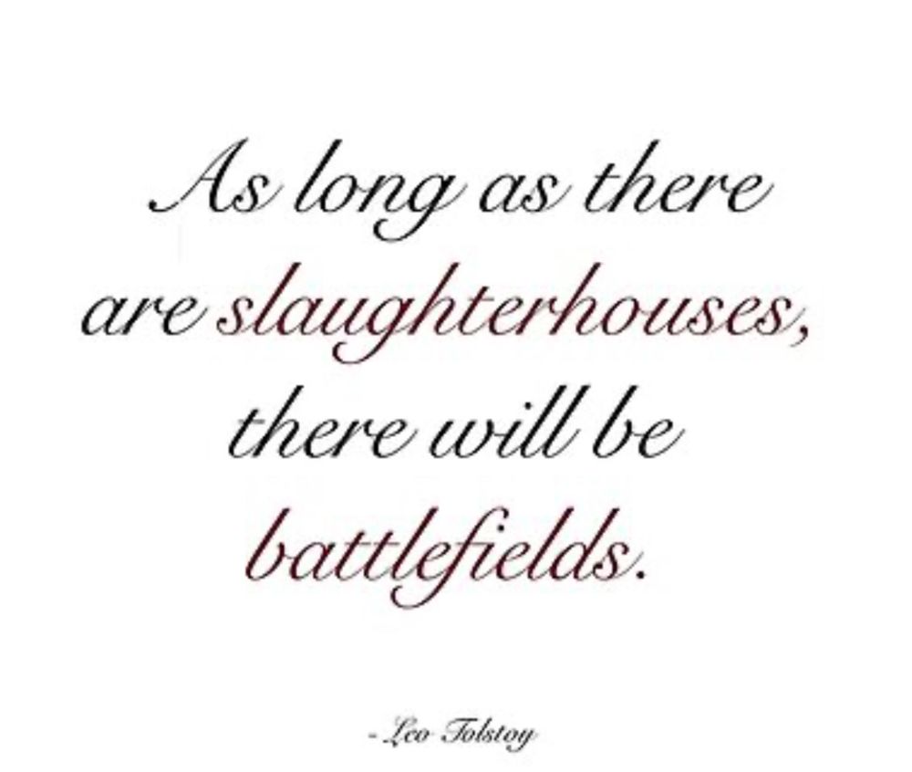Simple white graphic w elegant black lettering 

“As long as there are slaughterhouses, there will be battlefields”
-Leo Tolstoy 