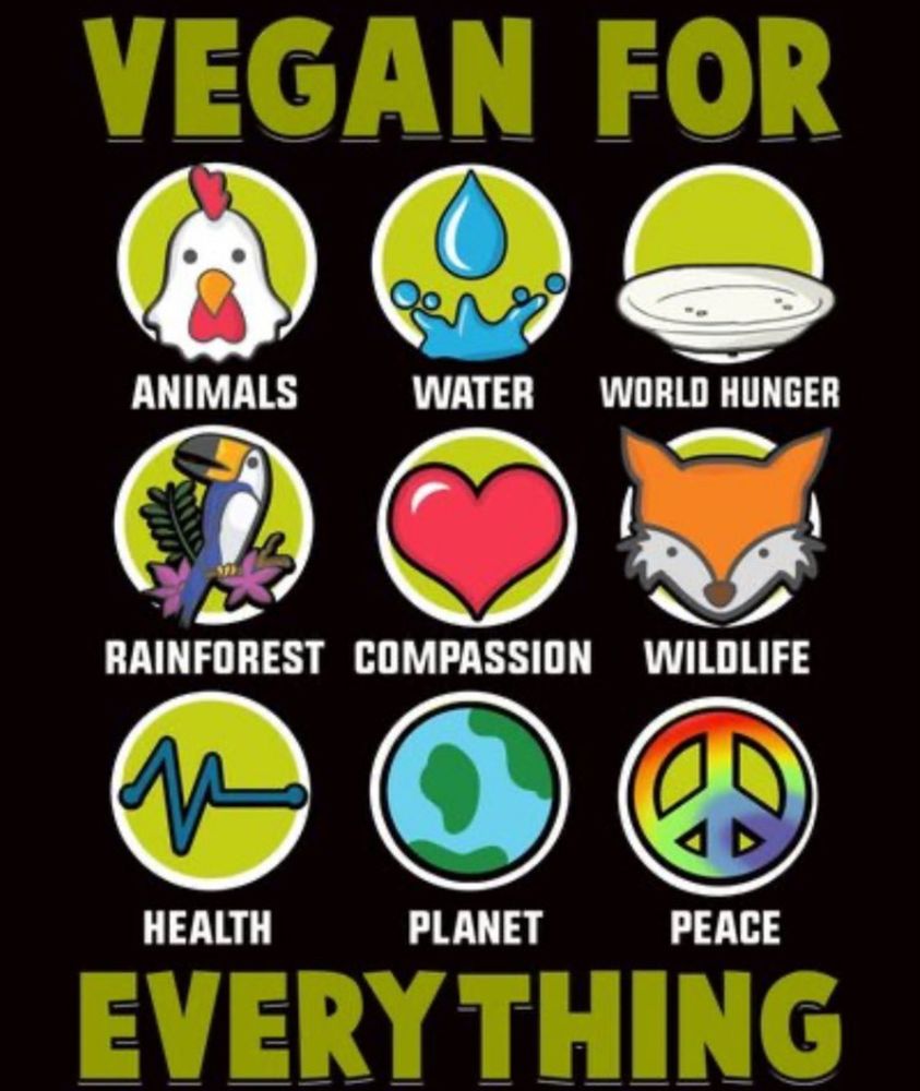 Meme stating in large green block letters on black background: VEGAN FOR EVERYTHING 

Accompanied by the following in a grid of 9 circles:
Animals 🐔
Water 💧 
World hunger  🥣 
Rainforest 🦜
Compassion ❤️ 
Wildlife 🦊 
Health🫀 
Planet 🌍
Peace ☮️   