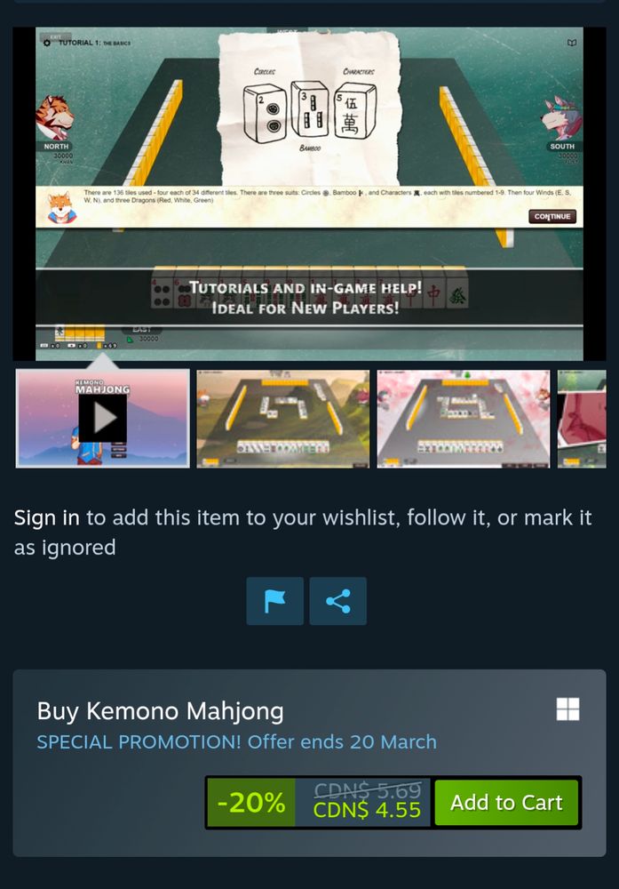 Screenshot of the Steam Store page for Kemono Mahjong, showing it's on sale.