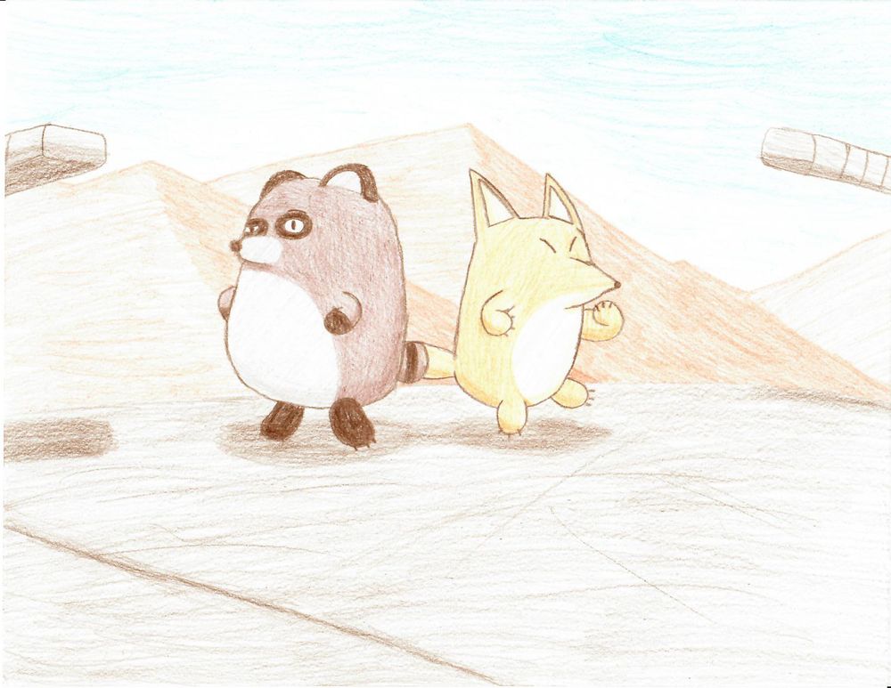 A colored-pencil drawing of Pon and Con from Kirby's Dream Land 3.