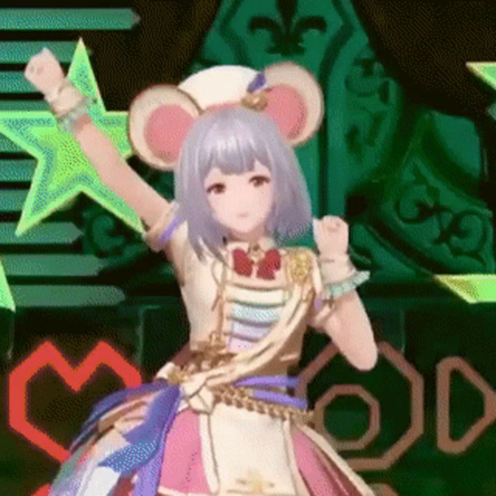 a girl in a mouse costume is dancing with her arms in the air