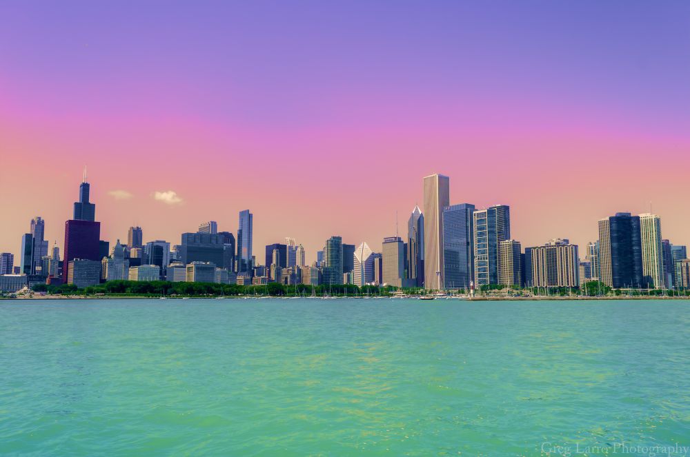 Photo of the Chicago skyline, taken from Lake Michigan, with colorful iridescent stylization. 