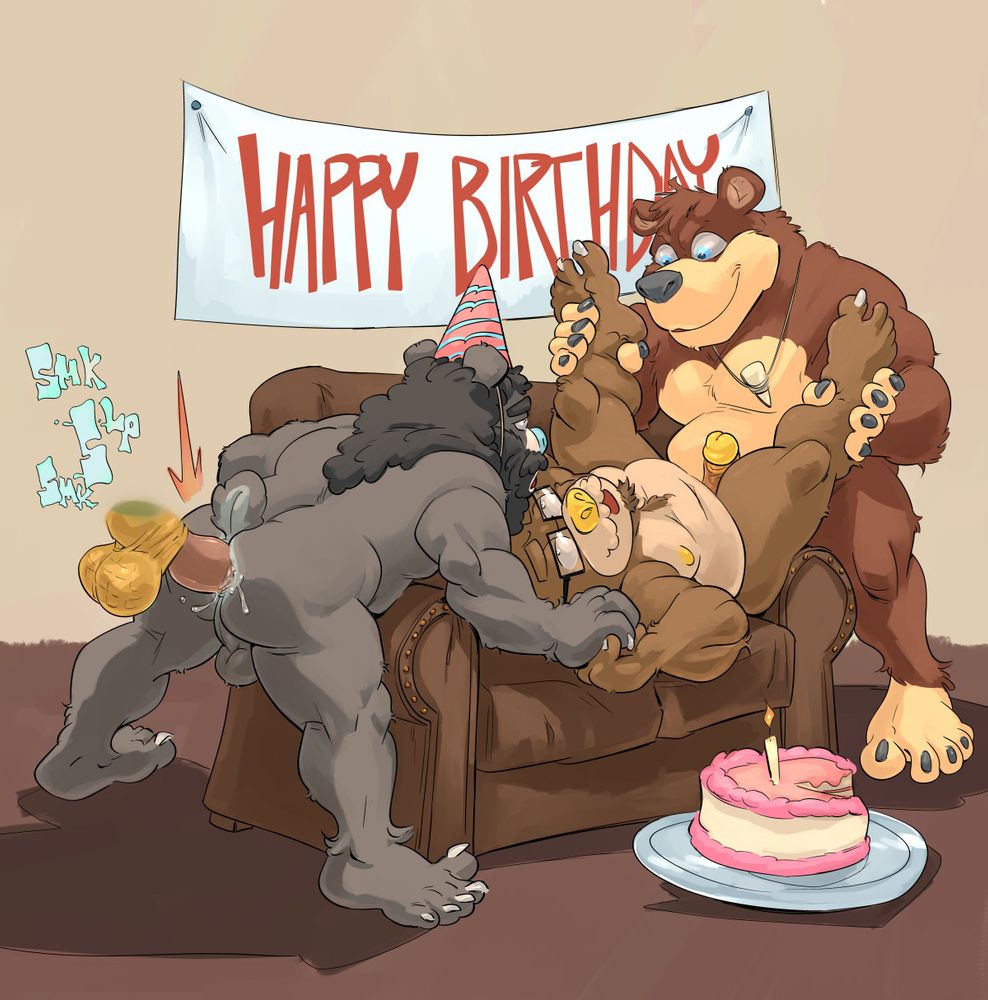 Two happy birthday fuckings on a couch with cake involvement