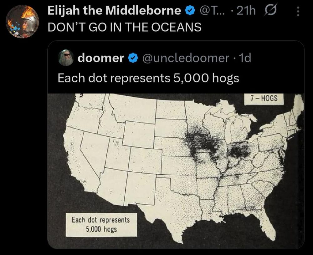 A screenshot of The Bad Microblogging Site showing a map where one dot equals 5,000 hogs on a map of the US. Large amounts of dots are seen in Ohio, Indiana, and Iowa, with lesser concentrations in The South.,