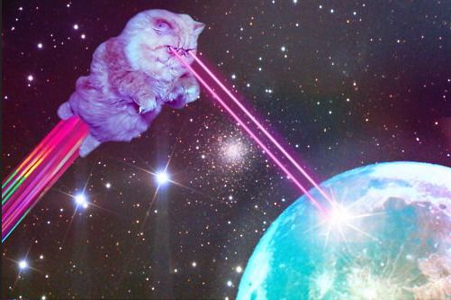 A flat faced cat flying through space on a rainbow colored beam. The cat is firing eye lasers at a no doubt fearful planet below.