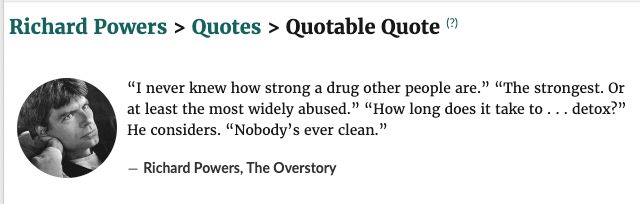 “I never knew how strong a drug other people are.” “The strongest. Or at least the most widely abused.” “How long does it take to . . . detox?” He considers. “Nobody’s ever clean.”