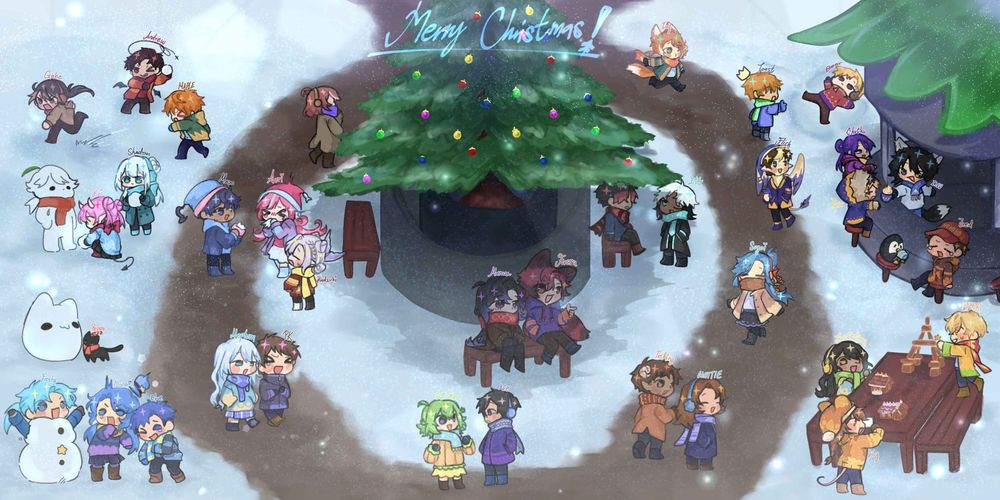 Christmas tree with many people surrounding it