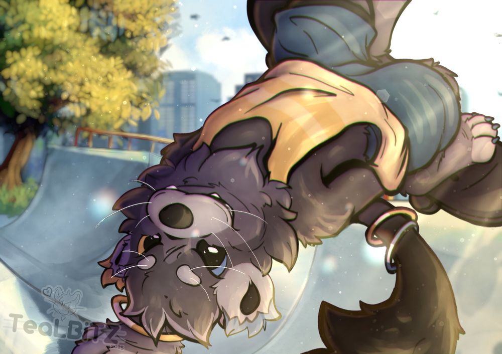 A drawing of Kiran the Binturong (Bear Cat). He has various tints of blueish grey fur, a black tail, and light grey ears with yellow & blue on the tips of his left & right ears respectively. Wearing a yellow tanktop, blue shorts, and various glow-rings on his arms and tail to match the side they're on based on the the ear tip  color. He's riding his skateboard in a skate park within an urban city area. Halfpipes and a single tree is visible in the back.