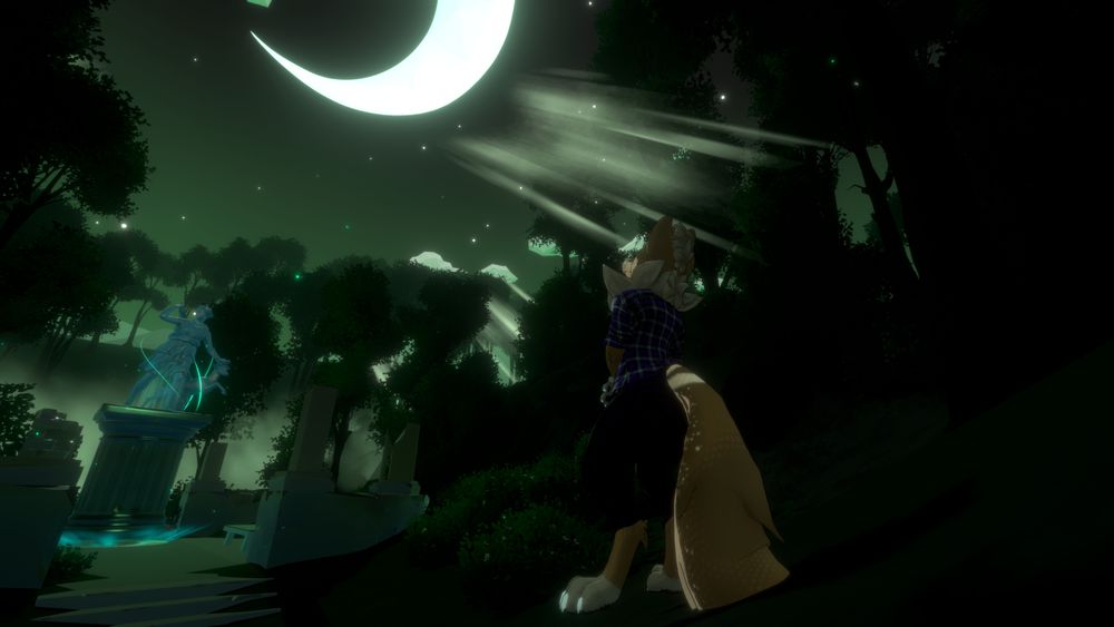 Picture taken in VRChat of a brown anthro fox with a purple flannel shirt and black pants. He's standing in a forest crested with emerald green light, staring at the crescent moon while holding his arms