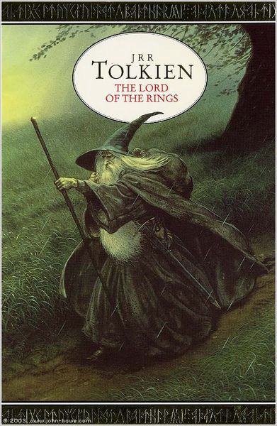 Book cover of The Lord of the Rings by J.R.R. Tolkien. Depicted is a watercolour illustration of Gandalf the Grey, walking briskly along a path next to a meadow with a large tree in the background. Runes frame the cover at the top and the bottom.