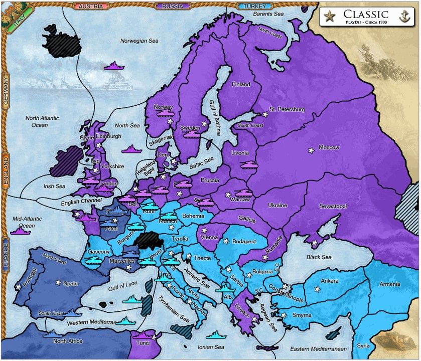 The end-state map for a game of Diplomacy.