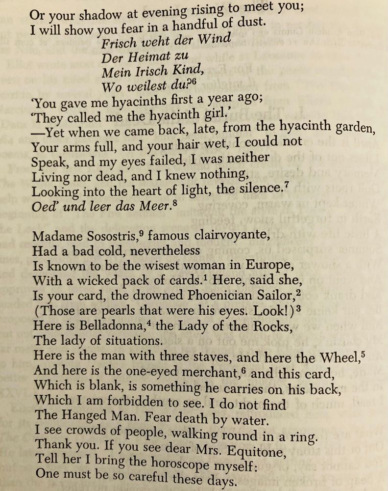 Or your shadow at evening rising to meet you;
I will show you fear in a handful of dust.
                      Frisch weht der Wind
                      Der Heimat zu
                      Mein Irisch Kind,
                      Wo weilest du?
‘You gave me hyacinths first a year ago;
‘They called me the hyacinth girl.’
—Yet when we came back, late, from the Hyacinth garden,
Your arms full, and your hair wet, I could not
Speak, and my eyes failed, I was neither
Living nor dead, and I knew nothing,
Looking into the heart of light, the silence.
Oed’ und leer das Meer.

Madame Sosostris, famous clairvoyante,
Had a bad cold, nevertheless
Is known to be the wisest woman in Europe,
With a wicked pack of cards. Here, said she,
Is your card, the drowned Phoenician Sailor,
(Those are pearls that were his eyes. Look!)
Here is Belladonna, the Lady of the Rocks,
The lady of situations.
Here is the man with three staves, and here the Wheel,
And here is the one-eyed merchant, and this card,
Which is blank, is something he carries on his back,
Which I am forbidden to see. I do not find
The Hanged Man. Fear death by water.
I see crowds of people, walking round in a ring.
Thank you. If you see dear Mrs. Equitone,
Tell her I bring the horoscope myself:
One must be so careful these days.