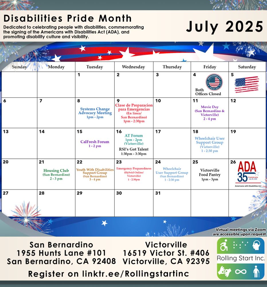 [ID: An image of the Rolling Start Inc. July 2025 calendar. Go to www.rollingstart.com/calendar to go to the accessible version of our calendar on our website.]