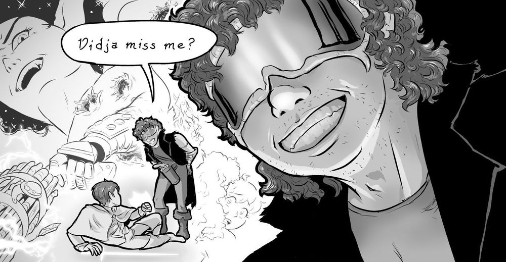A panel from Patchwork and Lace: Darray looms over Sir Shenson, who's sprawled on the ground and cowering. In the background, traumatic flashbacks from their last battle swarm and blend into one another- Nell's sadistic laughter, Darray firing his wand/gun contraption, a torn Holy Knight sash fluttering through the air, exit wounds in flesh, Lilika- covered by the flesh golem- turning to look at him in fear. A closeup of Darray's grinning face dominates the right side of the image; the underlighting of Shenson's sword and shield of light gives it a sinister cast.  "Didja miss me?" he asks.