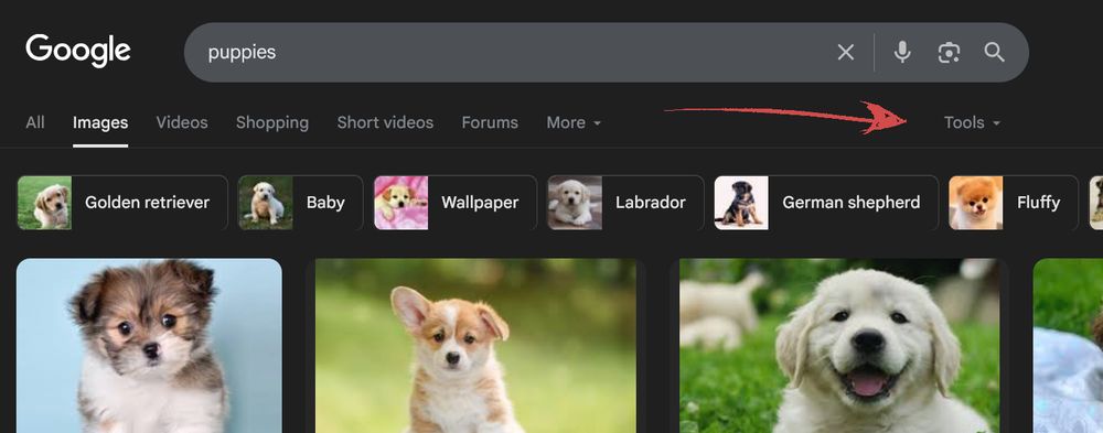 A screenshot of a google search with an arrow pointing to the tools menu