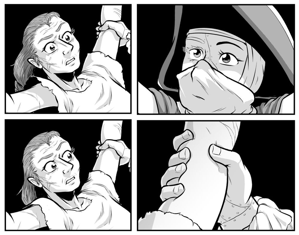 Four panels from the comic. A rough-looking woman, held up in the air by Sheol, looks at her imprisoner with bewilderment. She sees Sheol's mismatched eyes- the only part of her face uncovered- then looks over to one of Sheol's hands. She notices the seams and scars indicating Sheol's skin was stitched together.