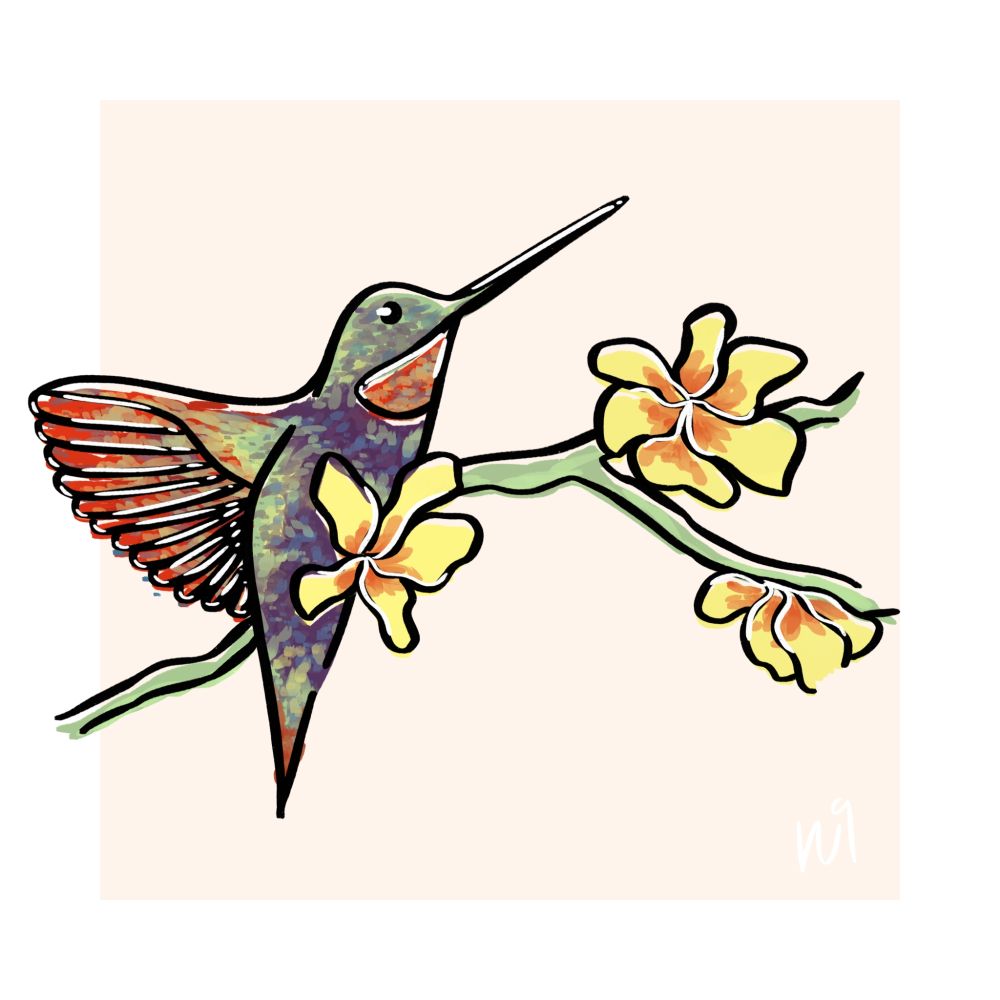 Um beija flor sobre um galho com flores amarelas