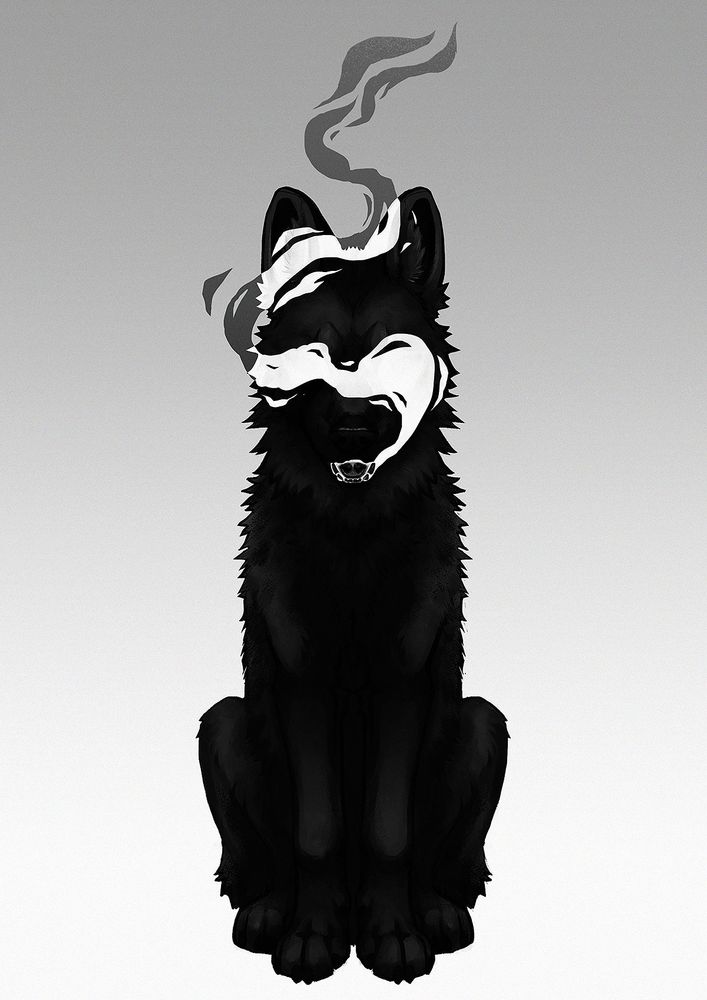 Illustration of a sitting black dog on a pale gray background. Smoke pours from its mouth, covering its eyes. The smoke inverts the colors of the image, appearing white over the dog and black over the background.