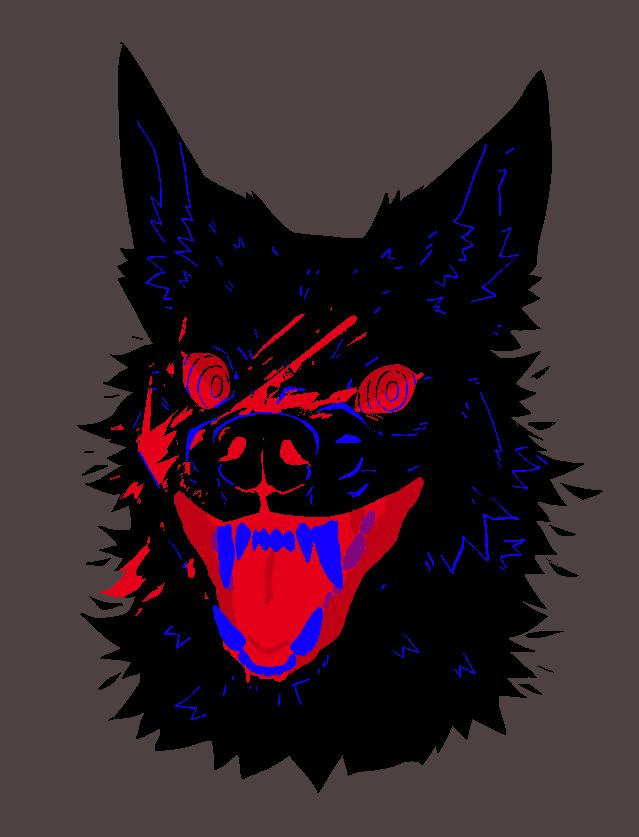 An illustration of the head of a black dog, the details of its fur and teeth are rendered in bright blue, and its eyes and mouth are rendered in red. There is a bloodstain on its face and it is grinning, or perhaps grimacing.