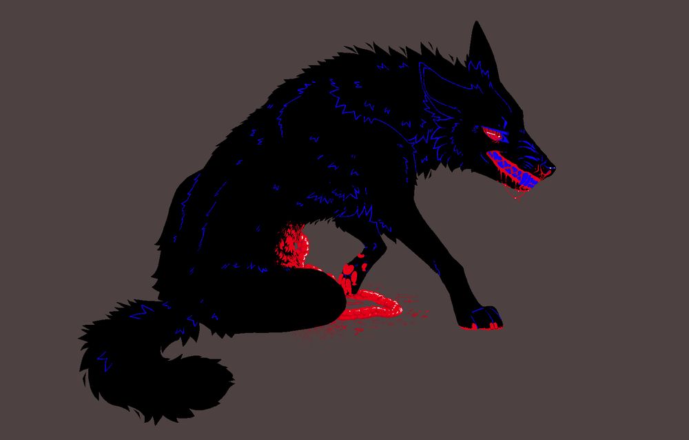 An illustration a black dog, the details of its fur and teeth are rendered in bright blue, and its eyes and mouth are rendered in red. It is sitting turned slightly away from the camera and to the right. Its lips are pulled back in a grimace and its guts spill onto the ground.