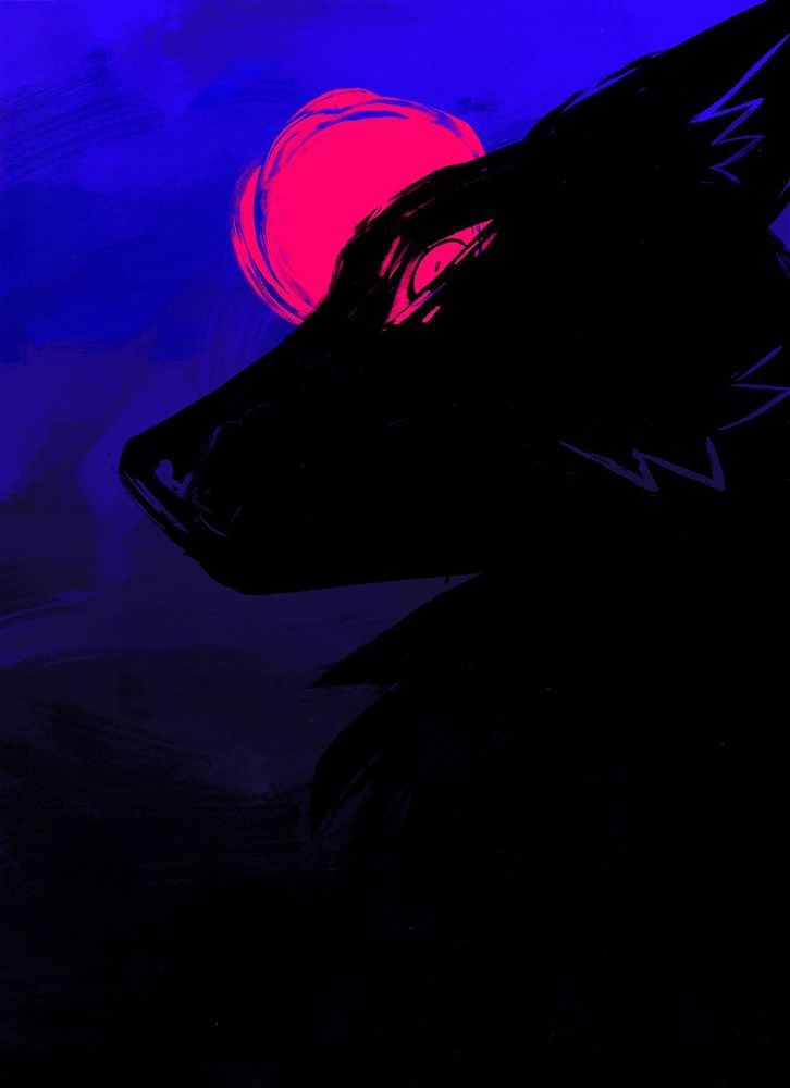 An illustration of a black dog silhouetted against a dark blue sky with a fuschia moon. The coloration of the moon behind the dog's head makes up the color of its eyes.
